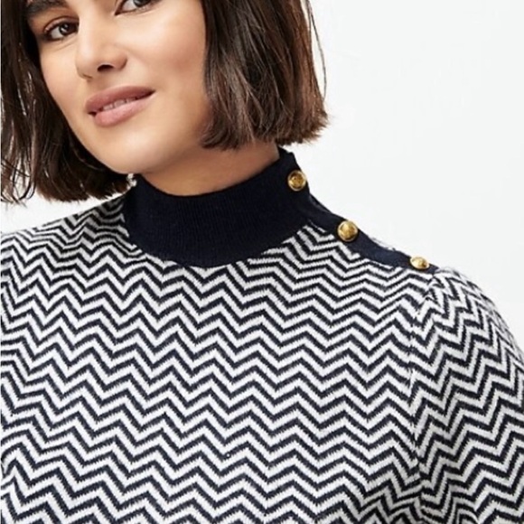 J. Crew | navy/white chevron mock neck sweater with gold button detail - Picture 2 of 12